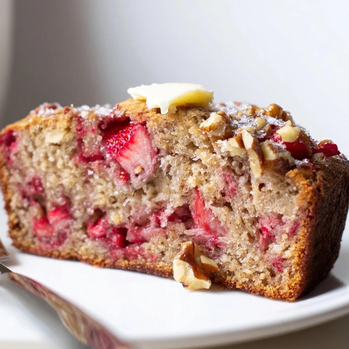 Warm Strawberry Banana Bread Recipe loaf with golden crust and juicy strawberries