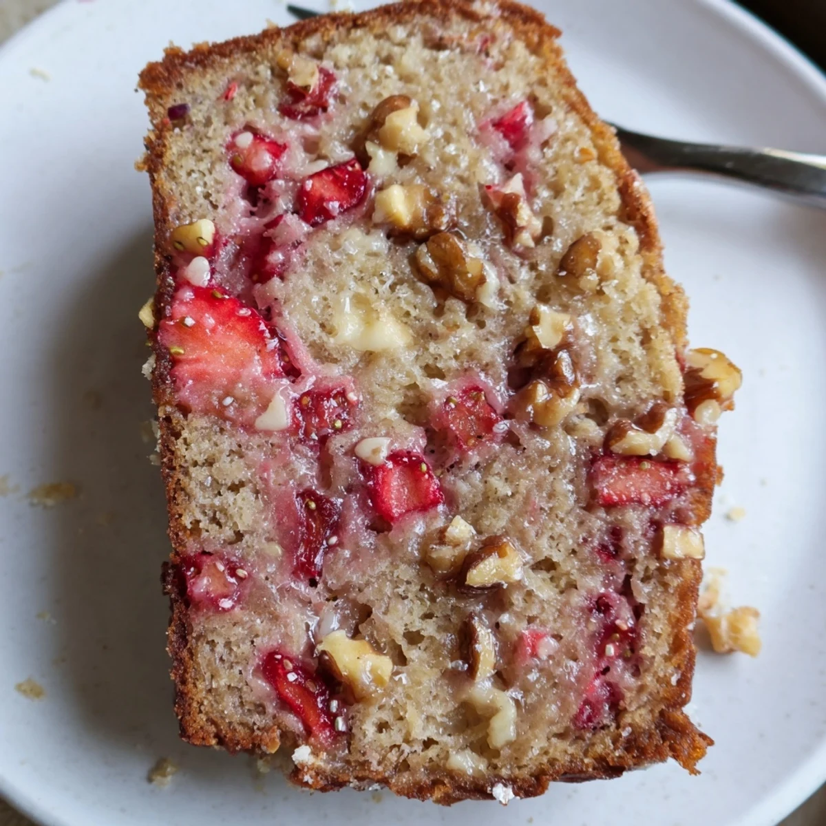Sliced loaf with butter melting into tender crumb, Strawberry Banana Bread Recipe