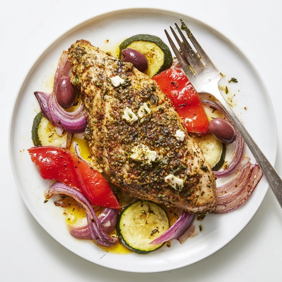 Sheet Pan Mediterranean Chicken Zucchini roasting with golden slices, blistered tomatoes, and olives