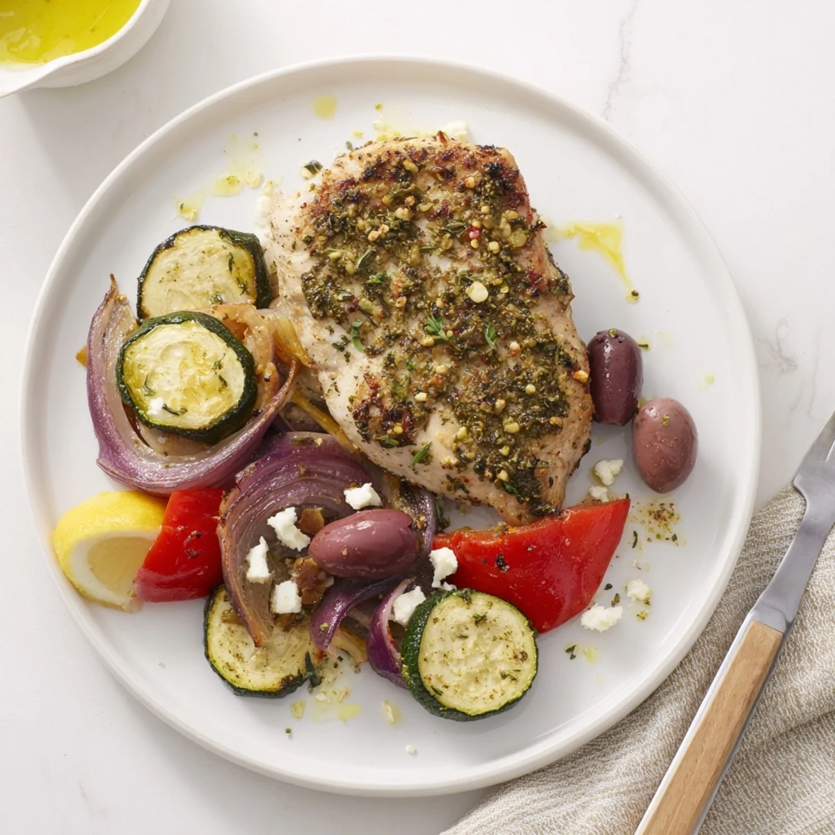 Warm Sheet Pan Mediterranean Chicken Zucchini served with melted feta and lemony juices