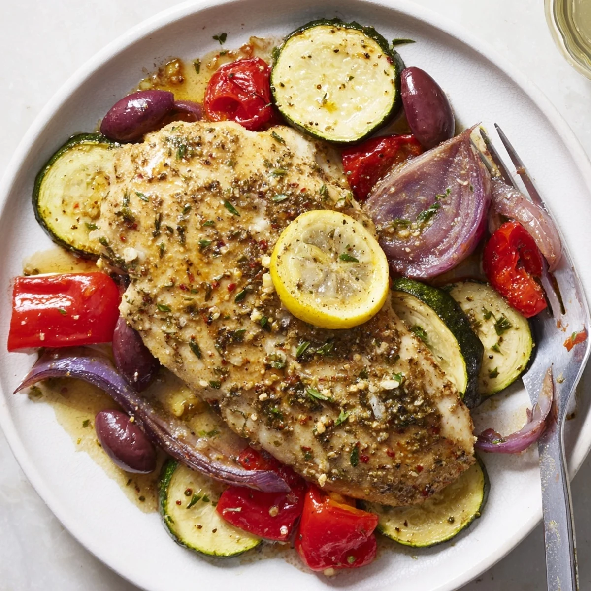 Juicy Sheet Pan Mediterranean Chicken Zucchini nestled among thyme scented peppers, onions, and herbs