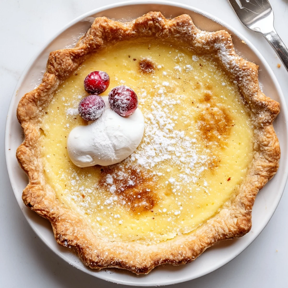 Slice of Christmas Eve Custard Pie With Cinnamon Vanilla dusted with powdered sugar  