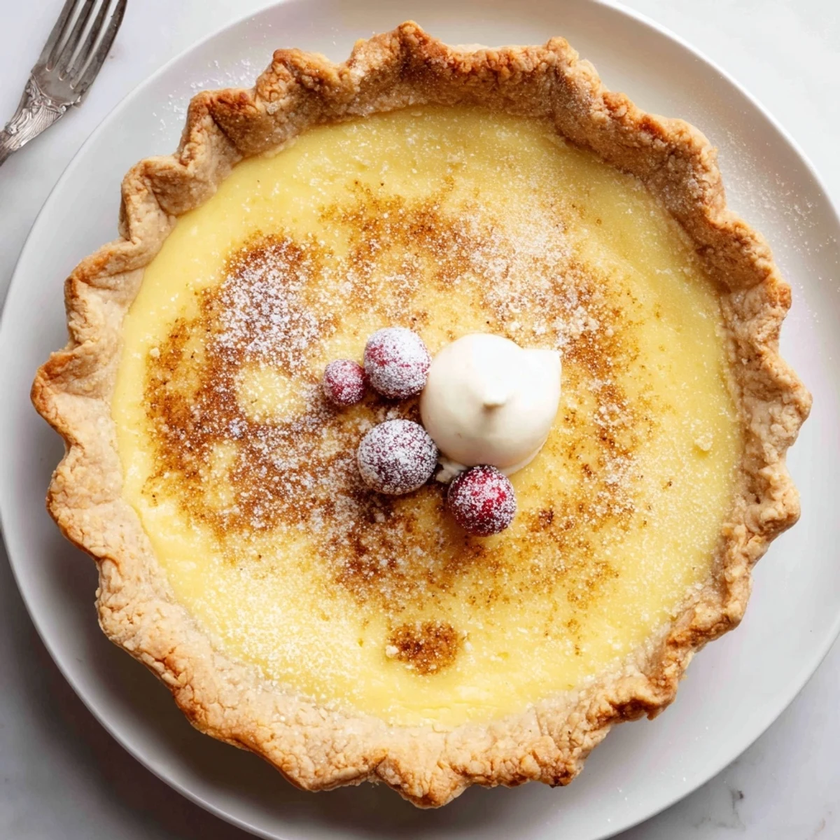 Christmas Eve Custard Pie With Cinnamon Vanilla served with whipped cream and sugared cranberries
