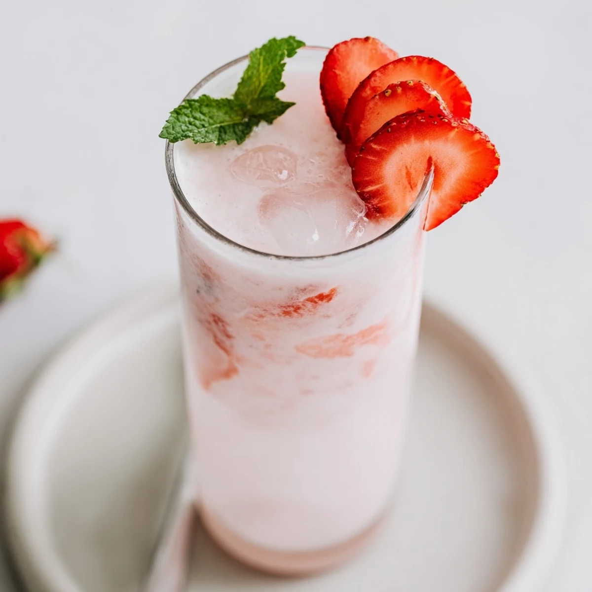 Homemade Strawberry Coconut Cooler Recipe garnished with mint and sliced strawberries  