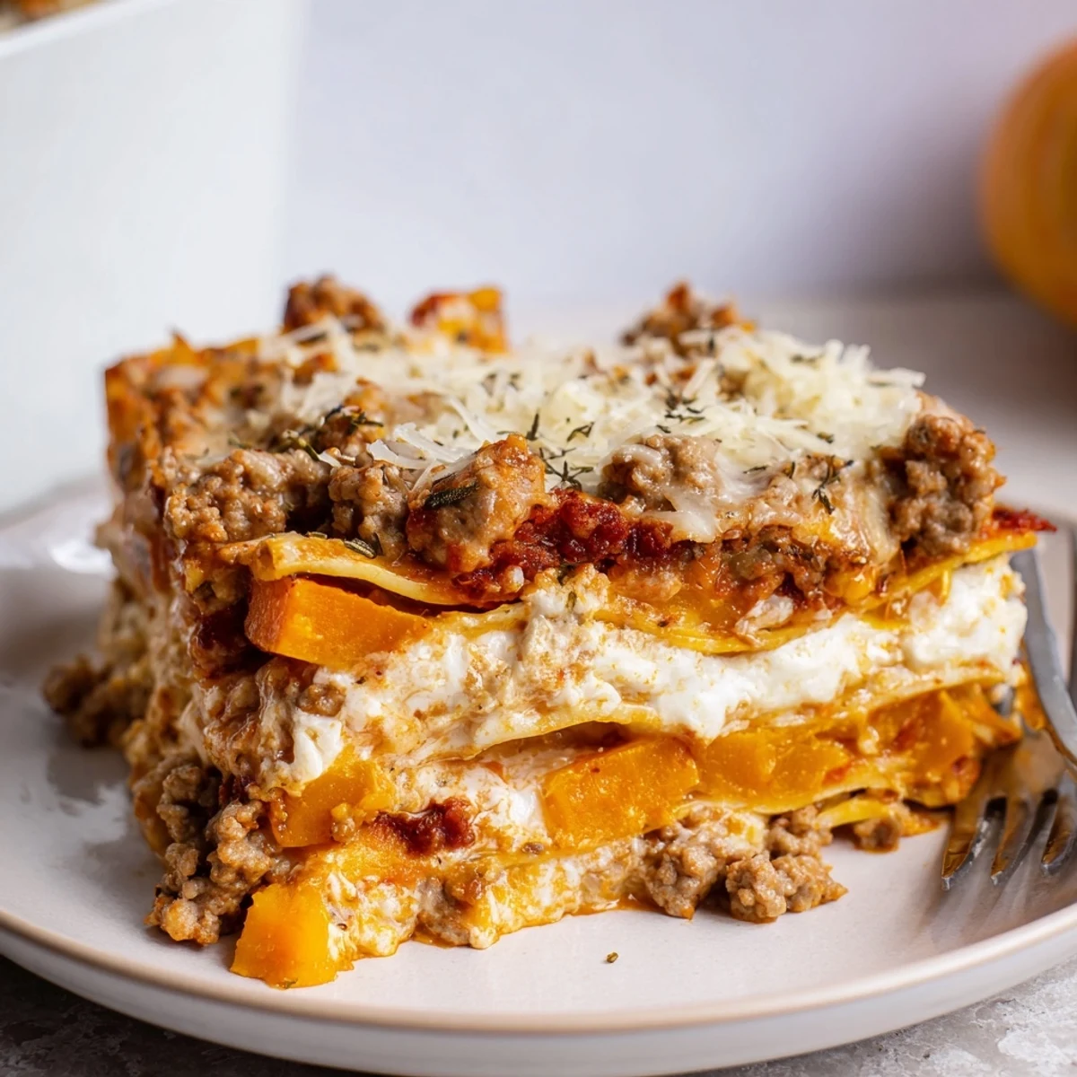 Butternut Squash Sausage Lasagna bubbling golden, roasted squash and melted cheese