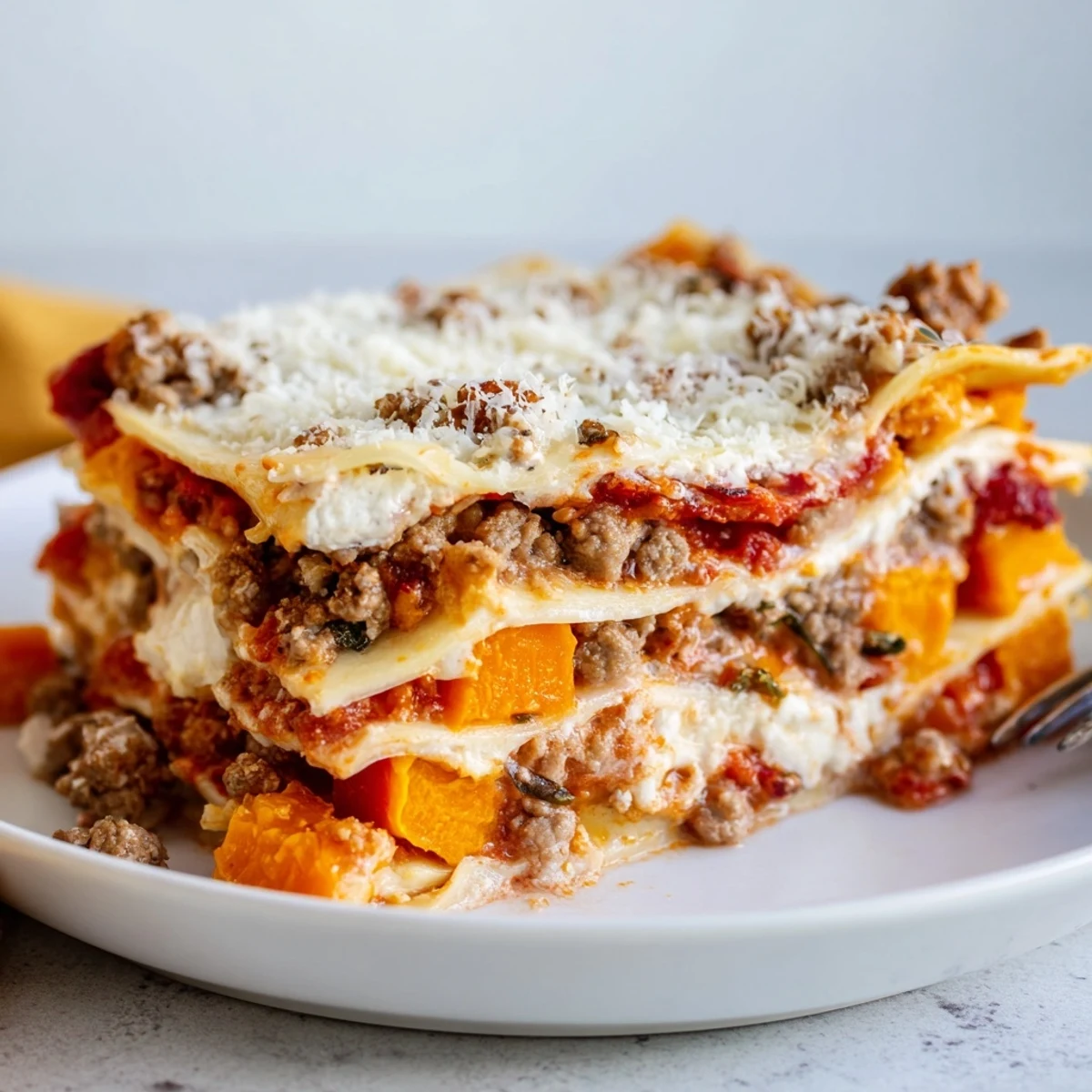 Sliced Butternut Squash Sausage Lasagna resting, steam rising, basil garnish suggested