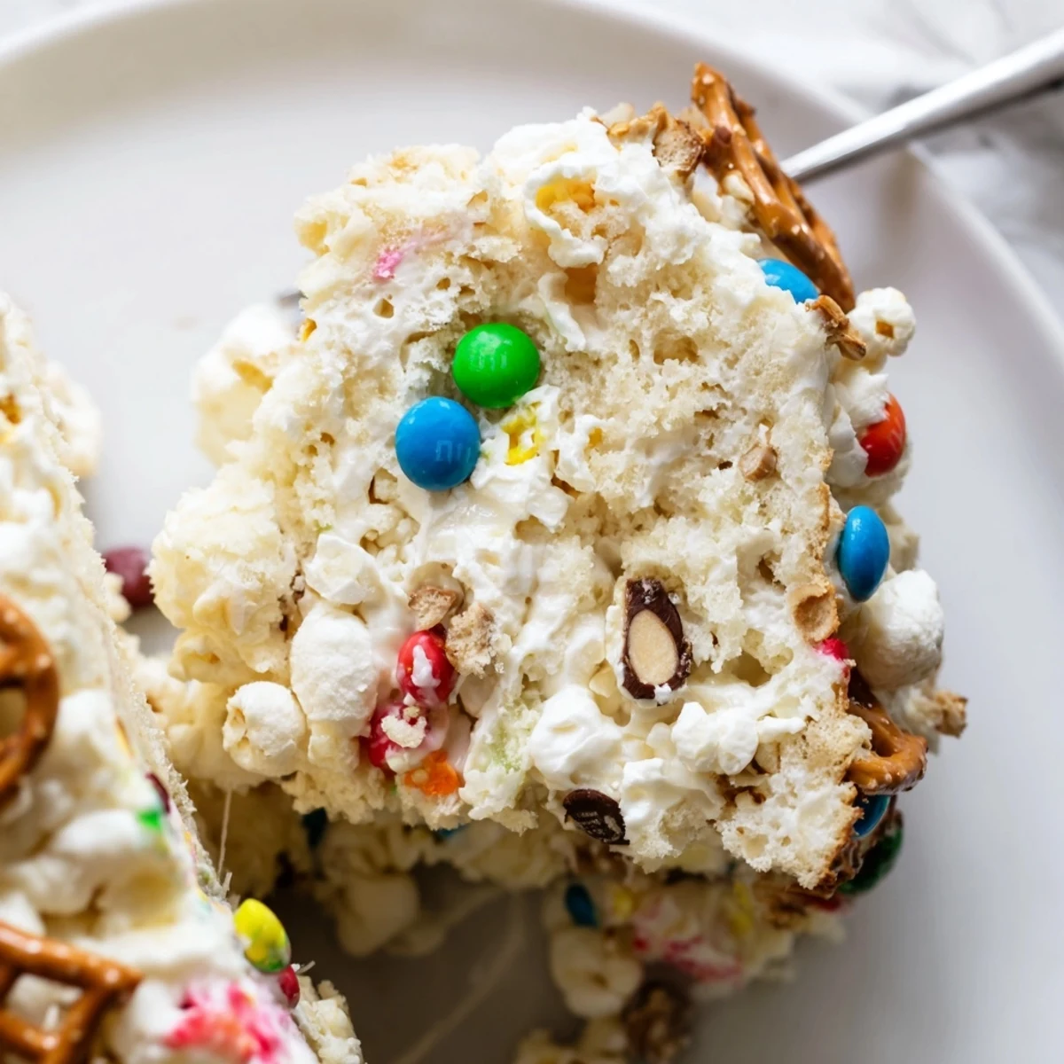 Slice of Popcorn Cake studded with colorful candies, glossy marshmallow sheen