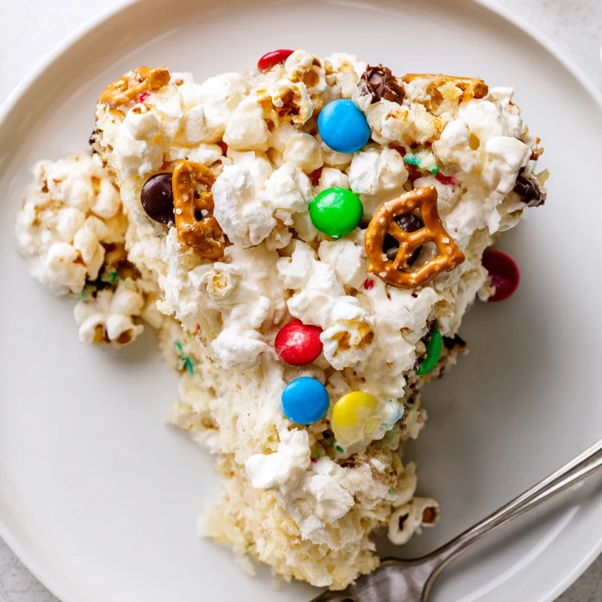 Party ready Popcorn Cake sliced on plate, crunchy pretzels and peanuts visible