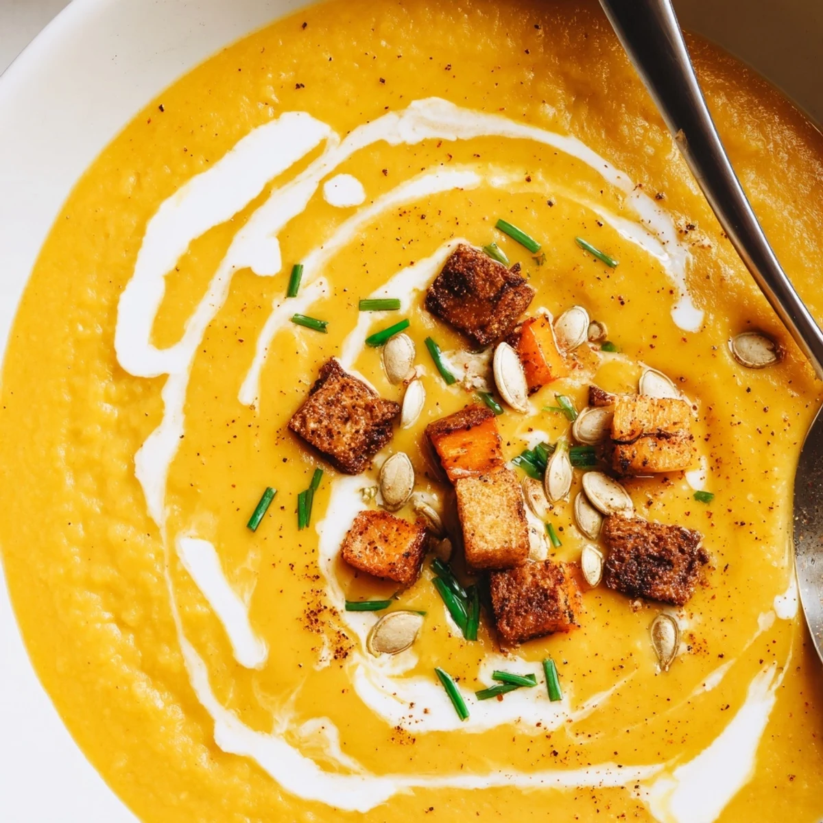 Creamy Cozy Butternut Squash Soup topped with toasted pumpkin seeds, warm aroma