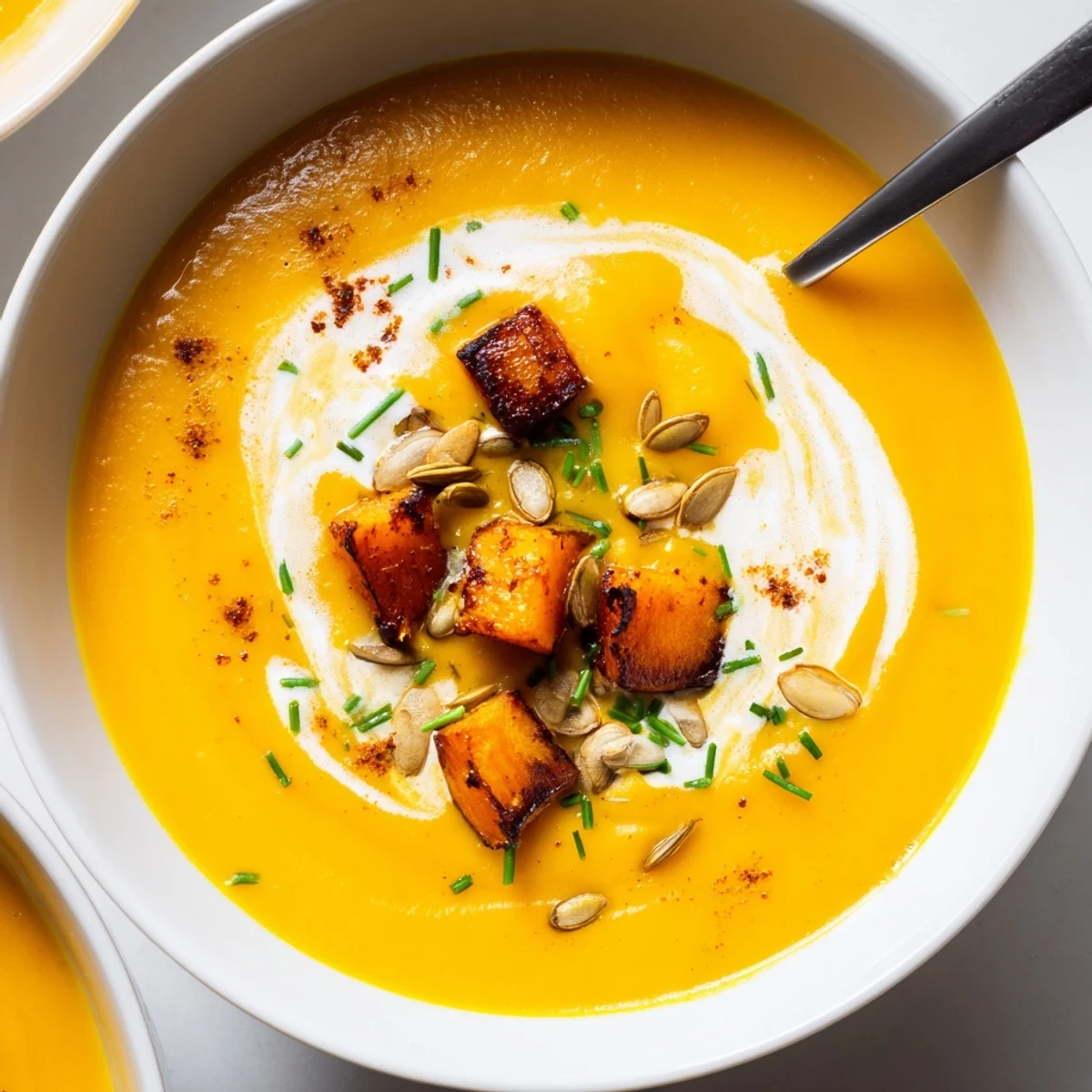 Steaming Cozy Butternut Squash Soup in bowls with crusty bread, herb garnish