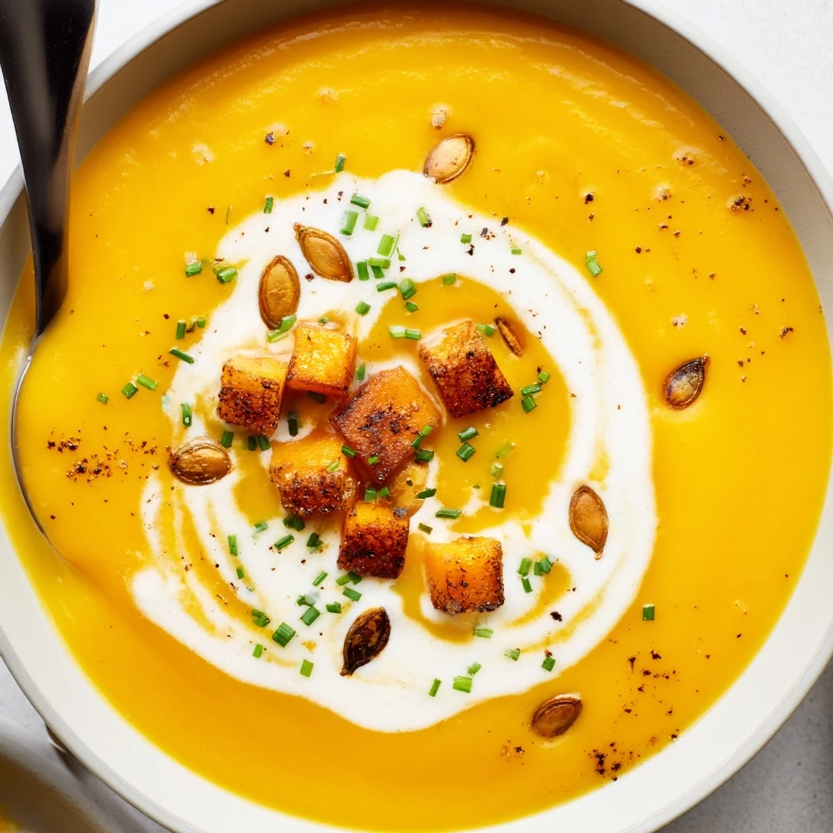Velvety Cozy Butternut Squash Soup stirred with coconut milk, cinnamon fragrance
