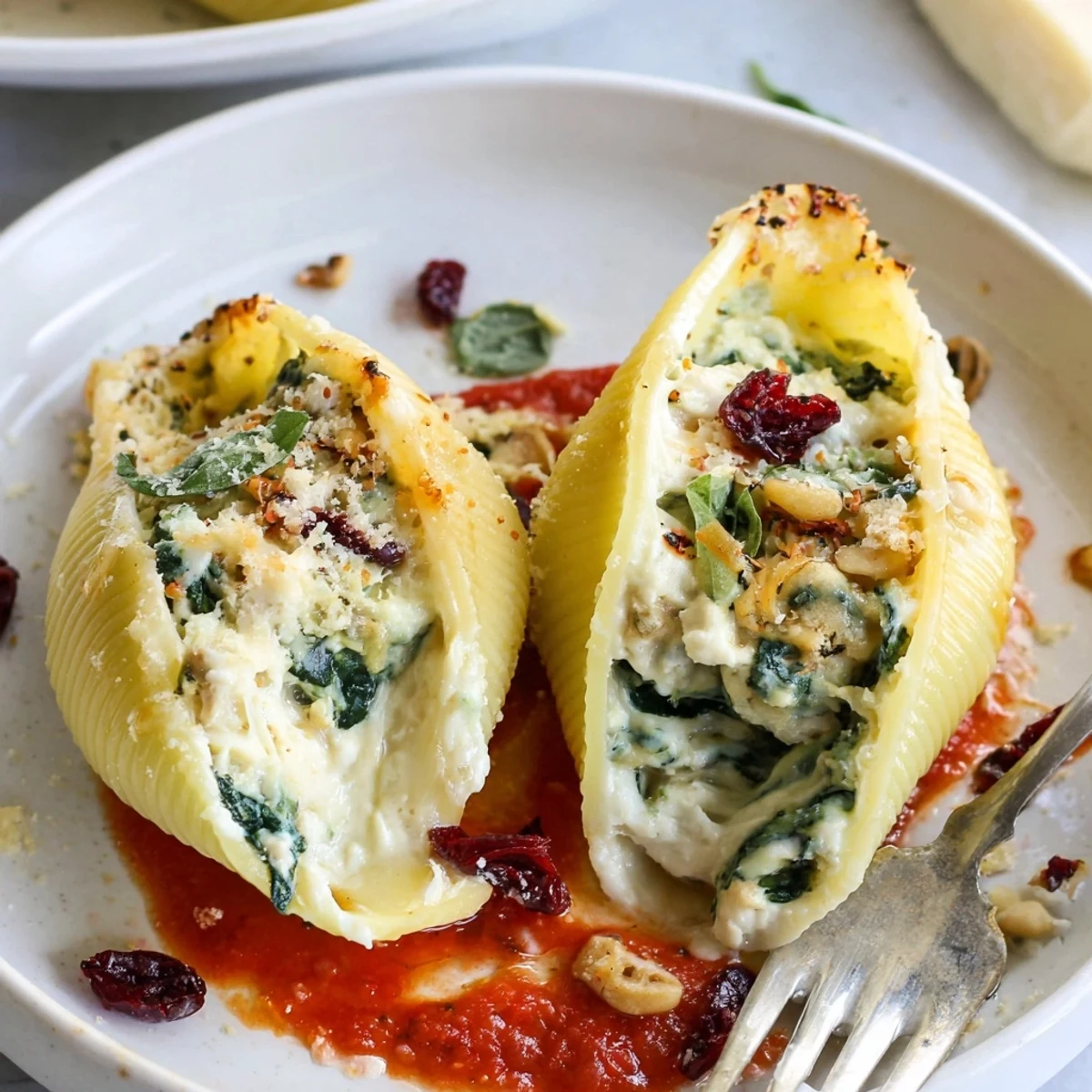 Serve warm Festive Christmas Stuffed Pasta garnished with basil, bubbling cheese