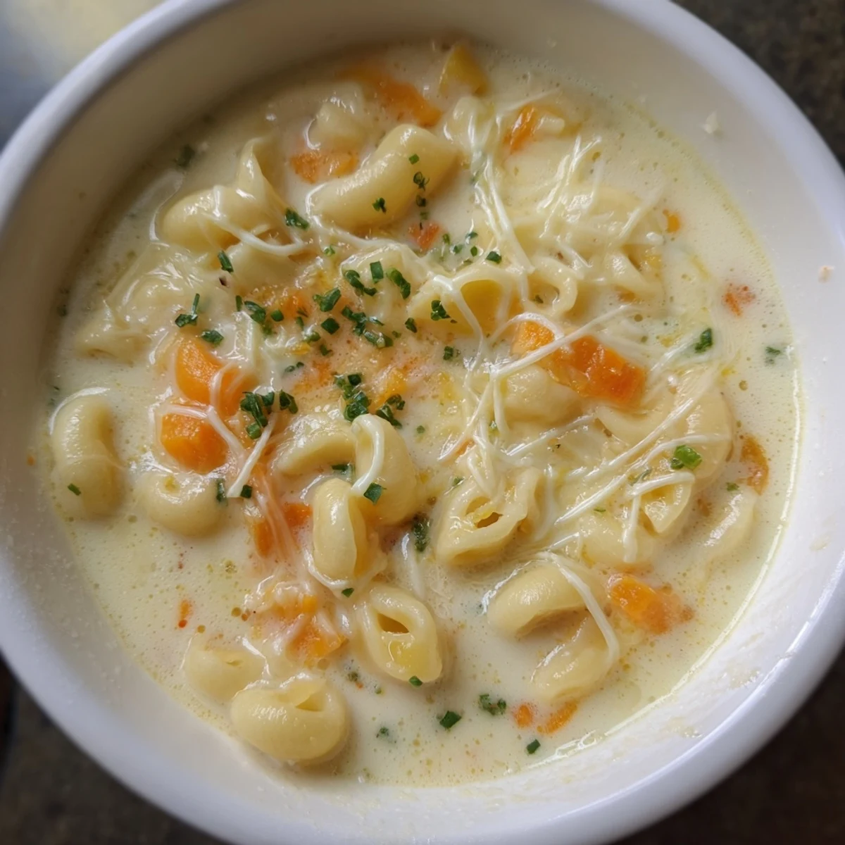 Creamy Mac And Cheese Soup steaming in a bowl, garnished with chives.
