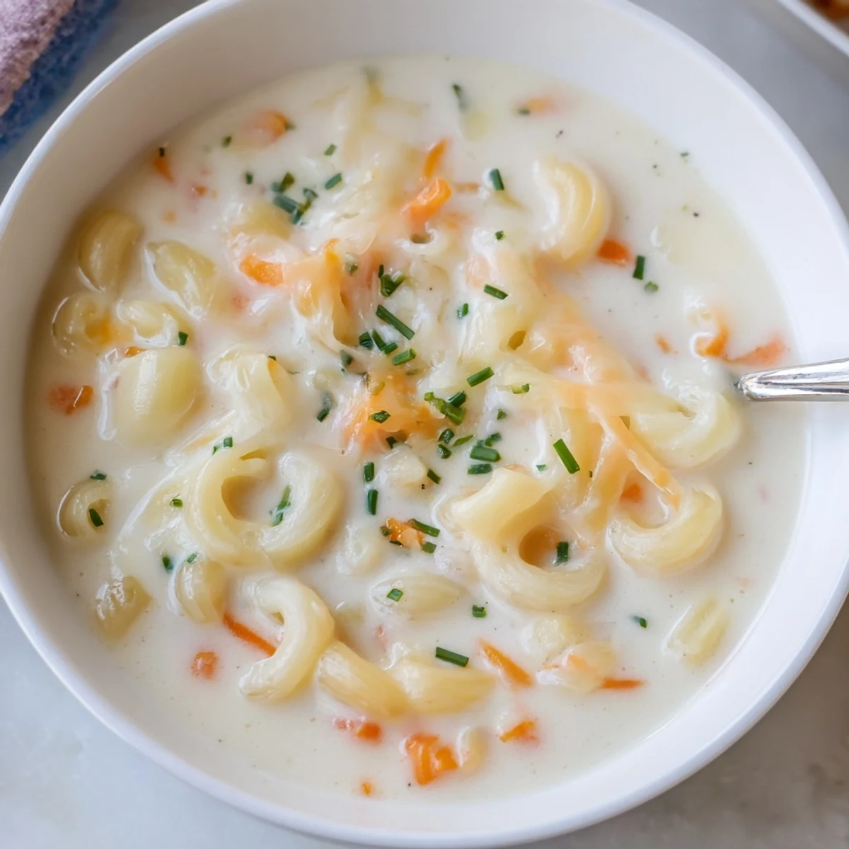 Warm Mac And Cheese Soup simmering in pot, elbow macaroni tenderly coated.