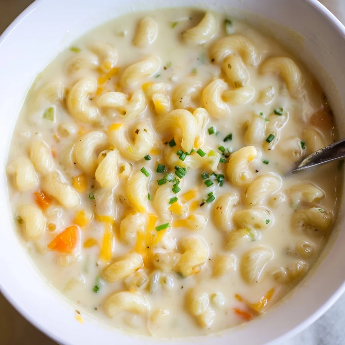 Silky Mac And Cheese Soup topped with melted cheddar and cracked black pepper.