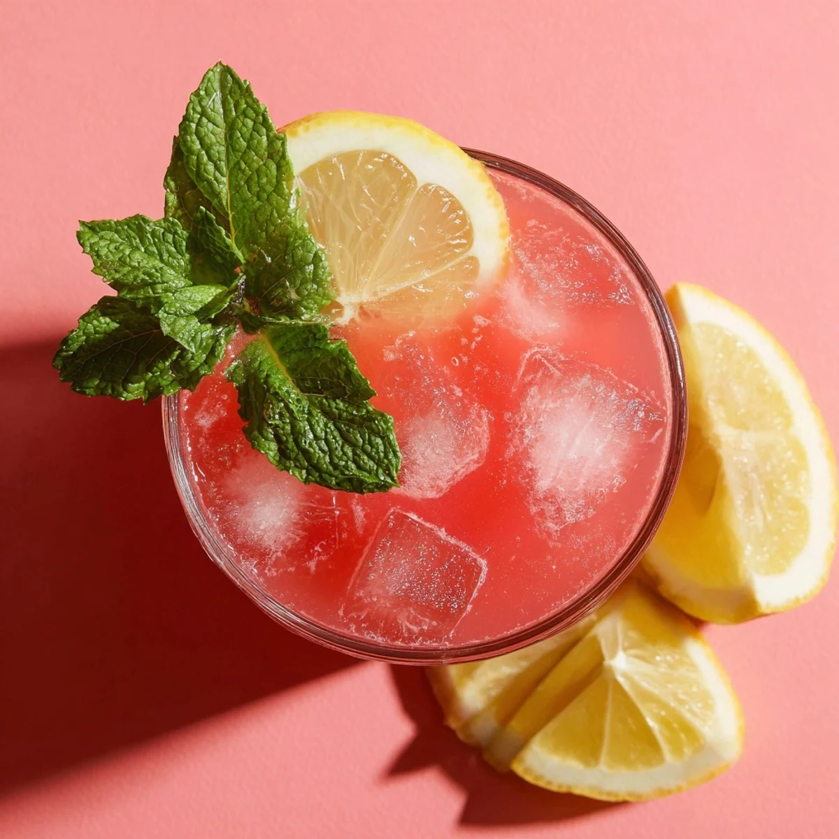Refreshing watermelon lemonade in a mason glass over ice, topped with a lemon wheel and fresh mint for summer