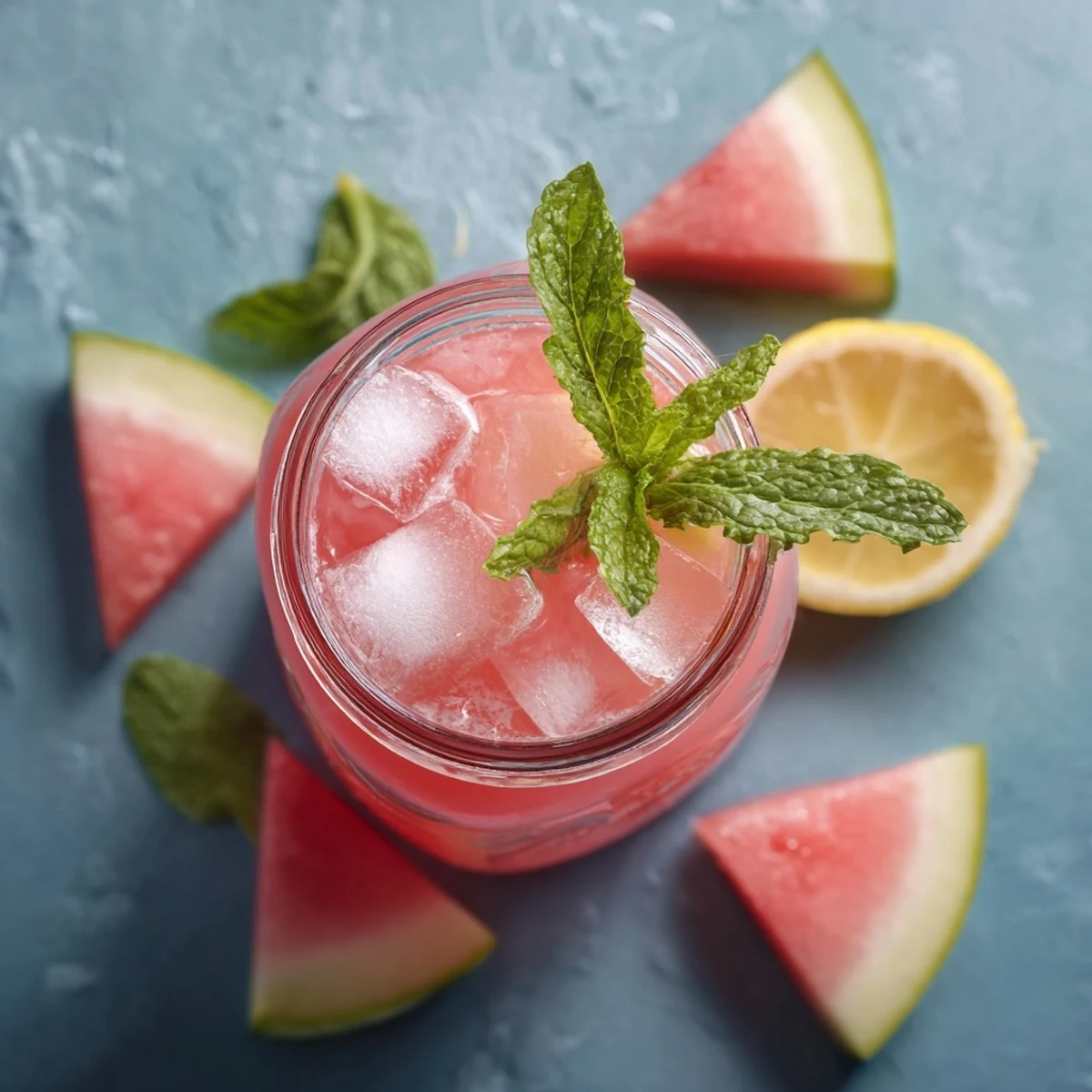 Glass pitcher filled with vibrant pink watermelon lemonade garnished with fresh lemon slices and mint sprigs on a sunny wooden table