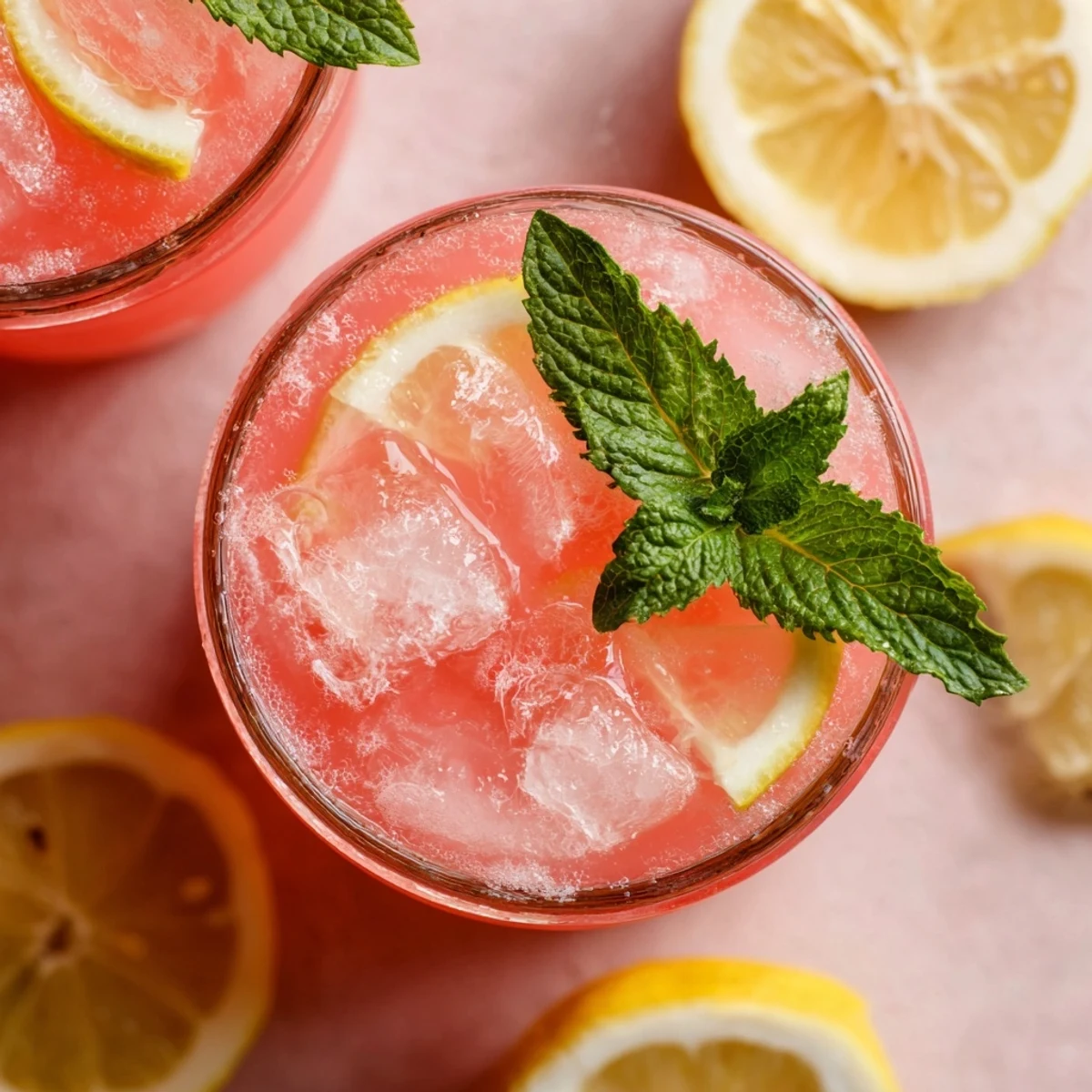 Tall glass of chilled watermelon lemonade with floating ice cubes, lemon wedges, and mint leaves on a bright outdoor patio table