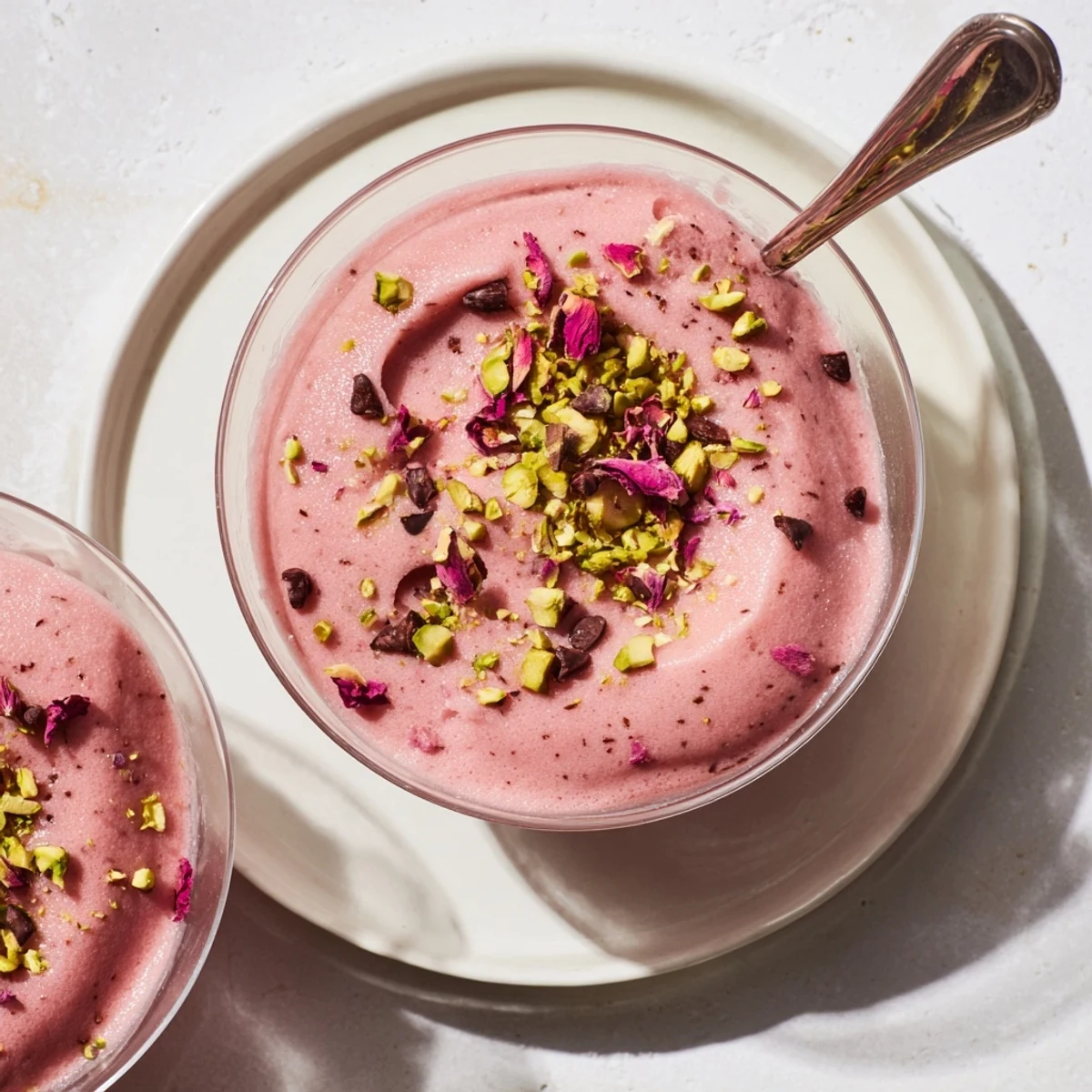 Creamy pink Gelo di Melone dessert sprinkled with green pistachios and edible rose petals on a white plate
