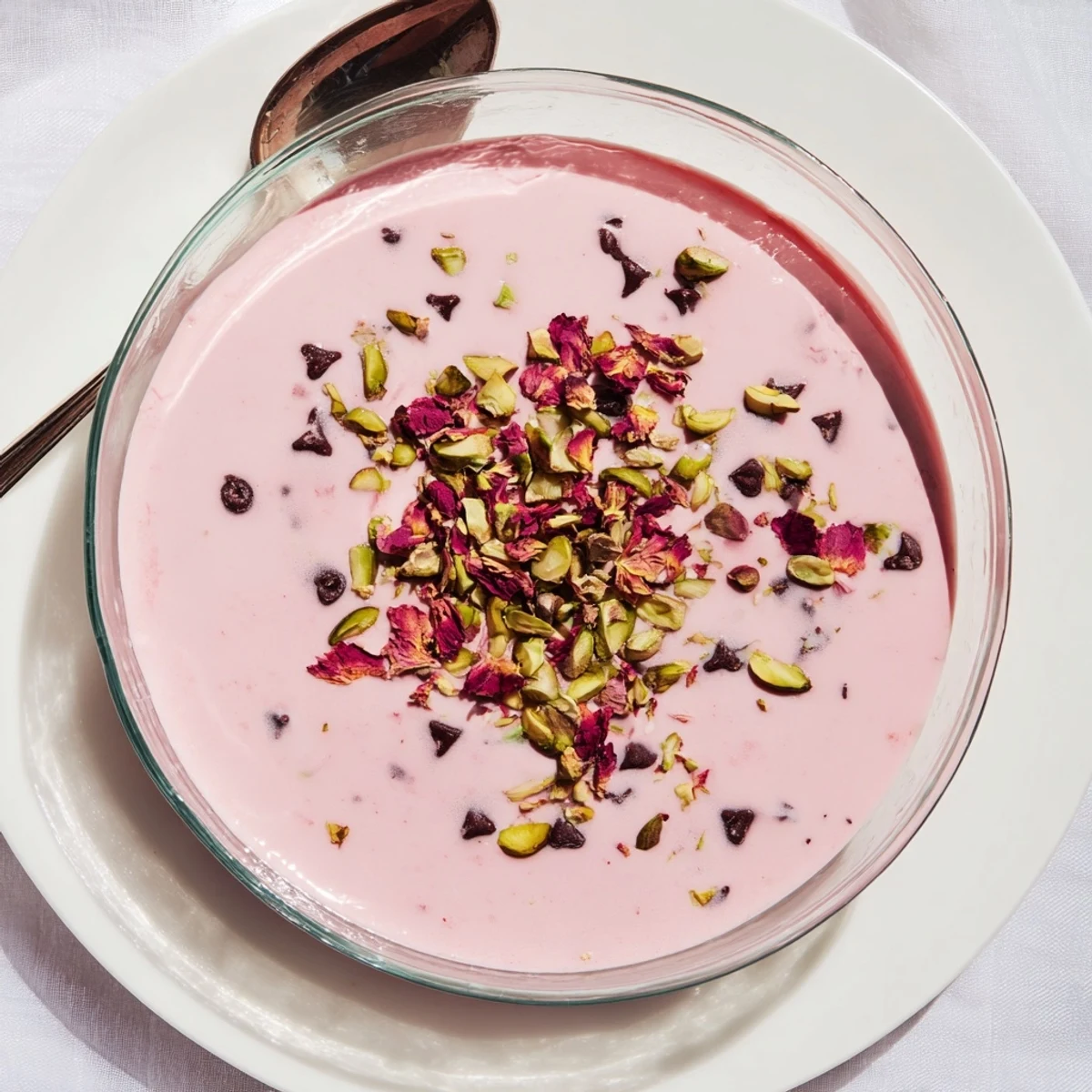 Chilled Sicilian watermelon pudding topped with crushed pistachios and dark chocolate chips in a clear glass dish
