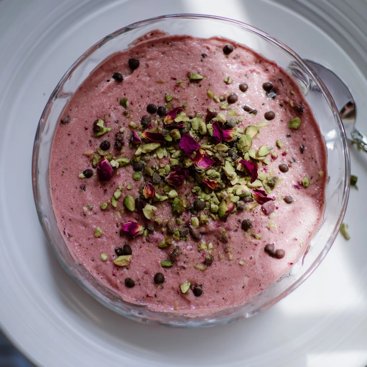 Traditional watermelon pudding garnished with chopped nuts and chocolate shakers, served chilled in individual dessert glasses