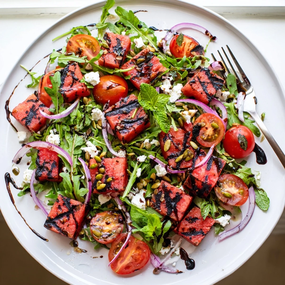 Vibrant grilled watermelon salad featuring smoky charred cubes, crumbled feta, and fresh mint leaves drizzled with tangy balsamic dressing on a white serving platter