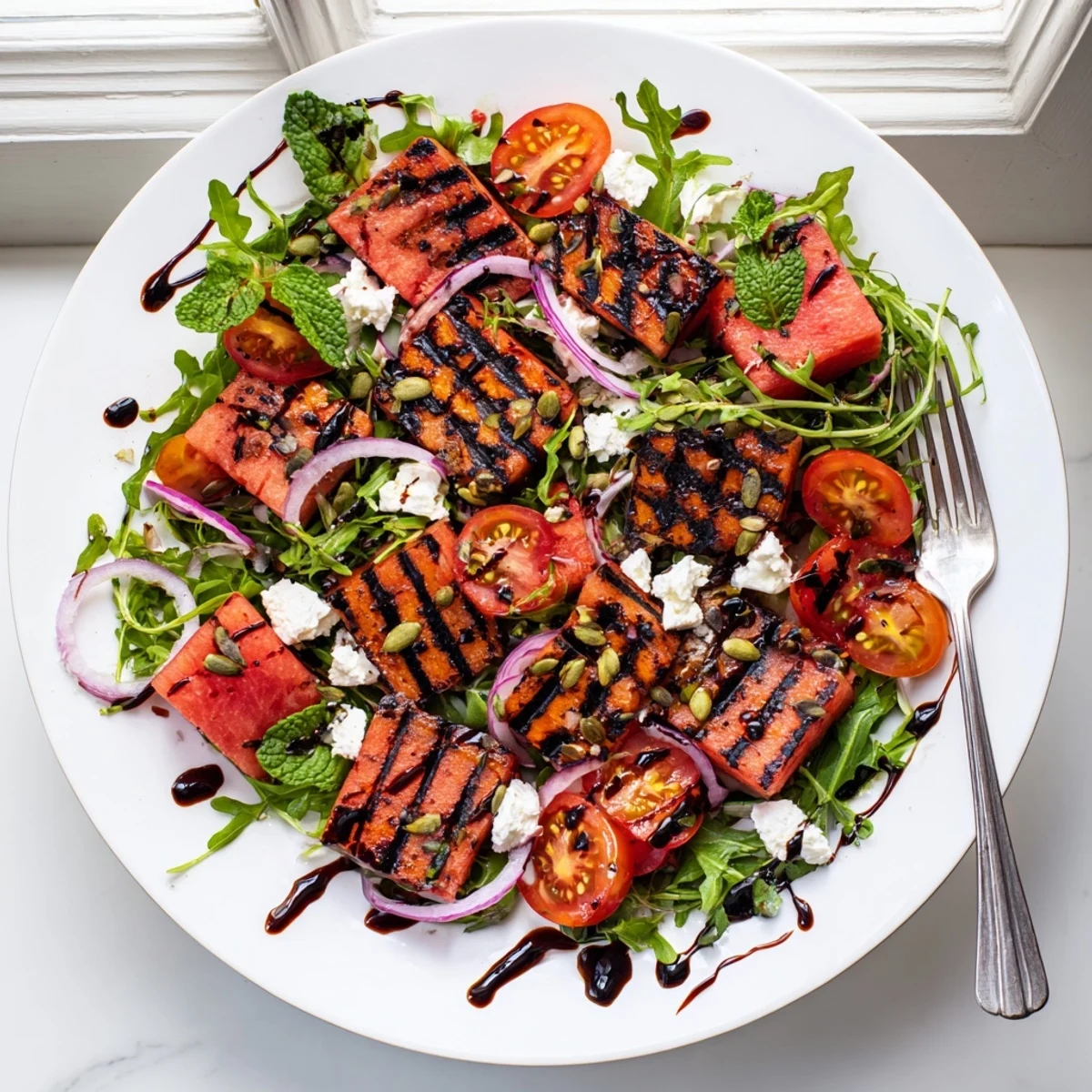 Summer grilled watermelon salad showcasing juicy charred fruit, cherry tomatoes, red onion, and arugula tossed in sweet balsamic glaze topped with creamy feta