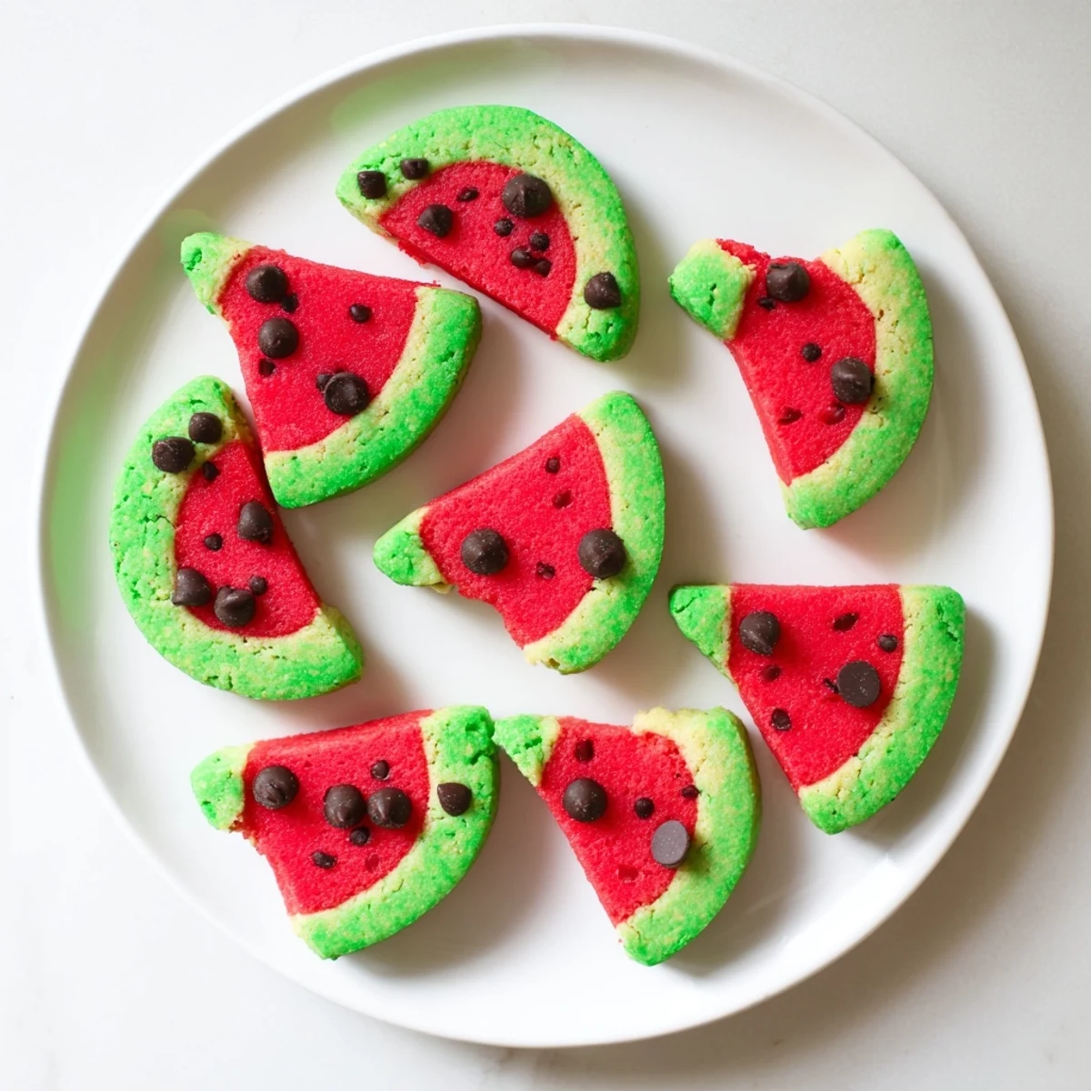 Close-up of vibrant watermelon slice cookies topped with chocolate chip seeds on a wooden board