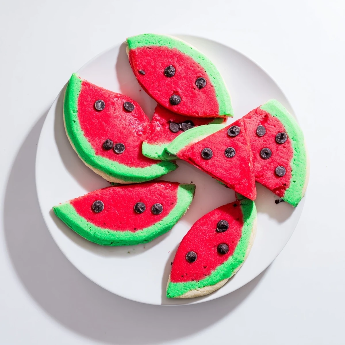 Freshly baked watermelon slice cookies arranged on a white platter with red centers and green rinds