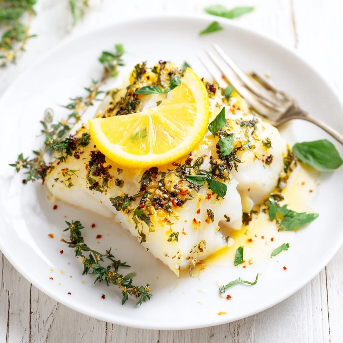 Flaky lemon garlic baked cod with parsley and thyme on white platter