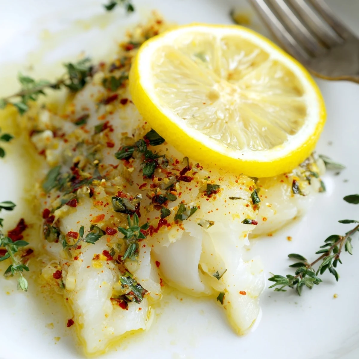 Golden baked cod fillets topped with fresh lemon slices and green herbs