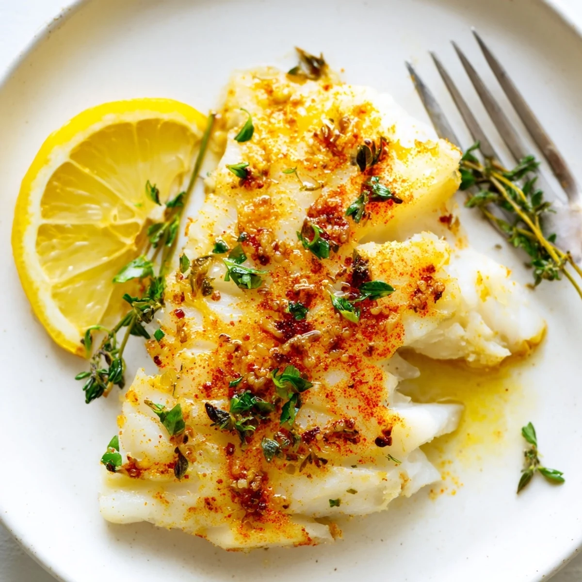 Healthy baked cod with olive oil garlic marinade and paprika sprinkle