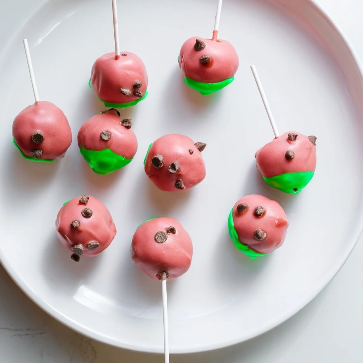 Pink watermelon cake pops decorated with mini chocolate chip seeds on green rind