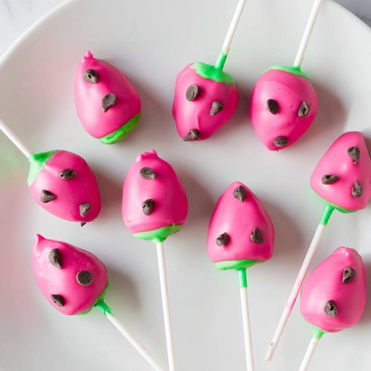 Homemade watermelon cake pops with red candy coating and chocolate seed sprinkles