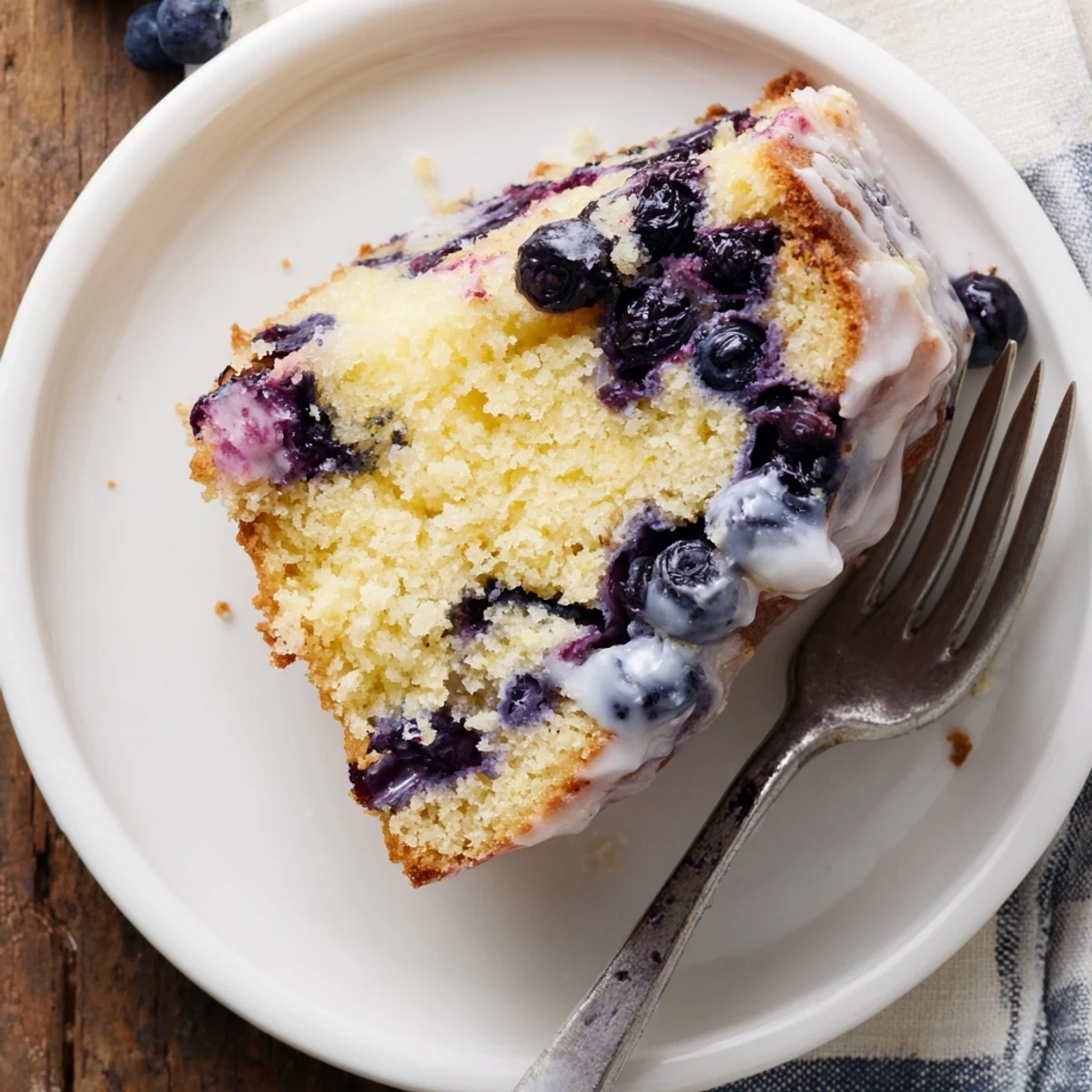 Golden lemon blueberry cake drizzled with white glaze and scattered fresh berries