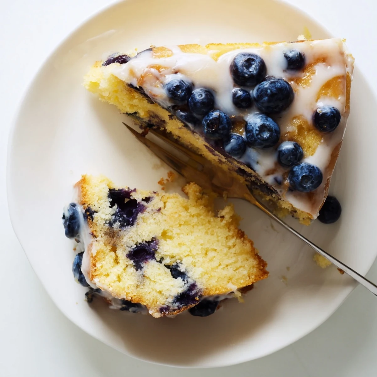 Moist slice of lemon blueberry cake on a white plate with powdered sugar topping