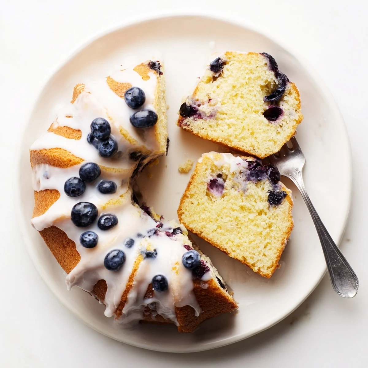 Baked round lemon blueberry cake bursting with purple berries and zesty lemon glaze