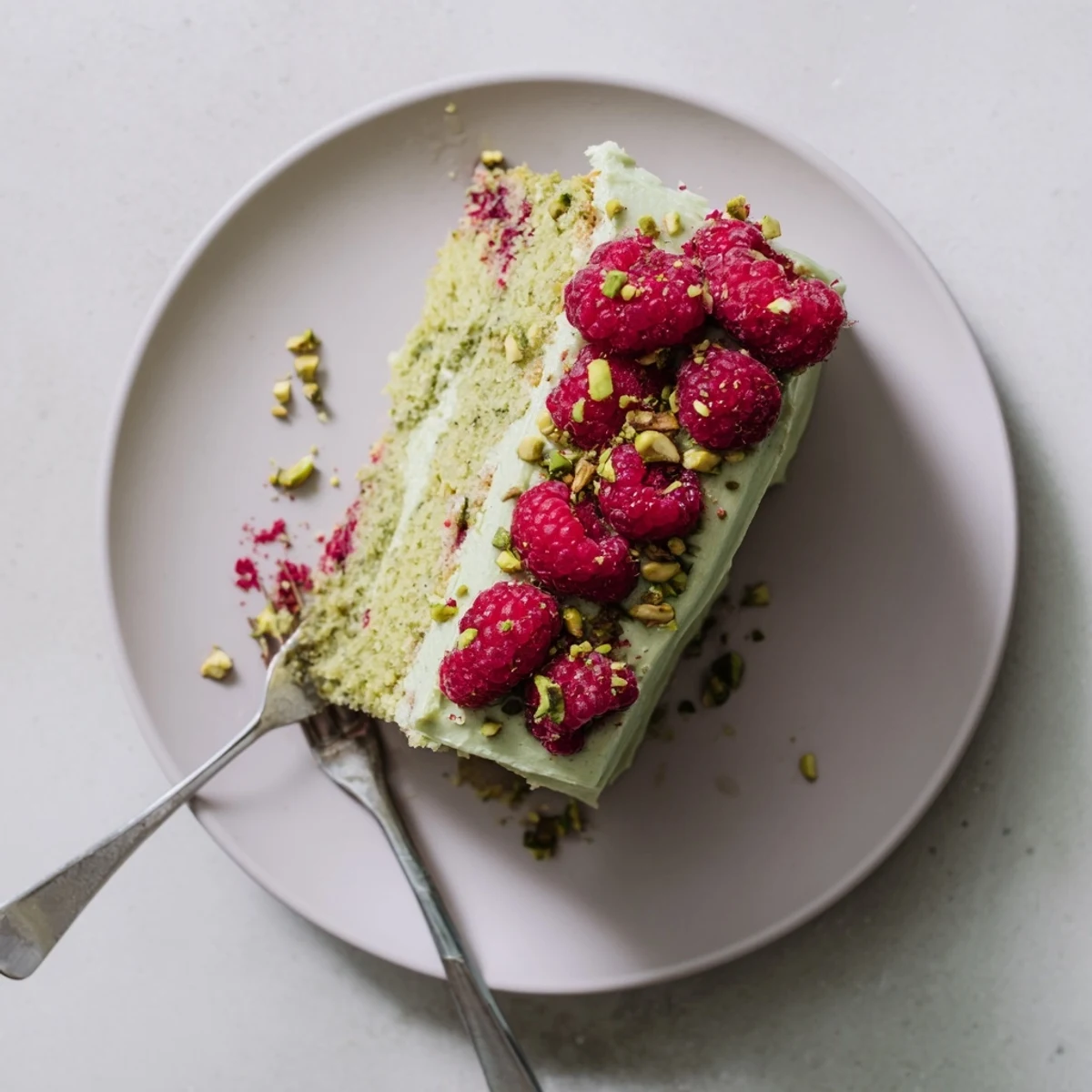 Moist pistachio raspberry cake dessert with ground nuts and tart baked raspberries on plate