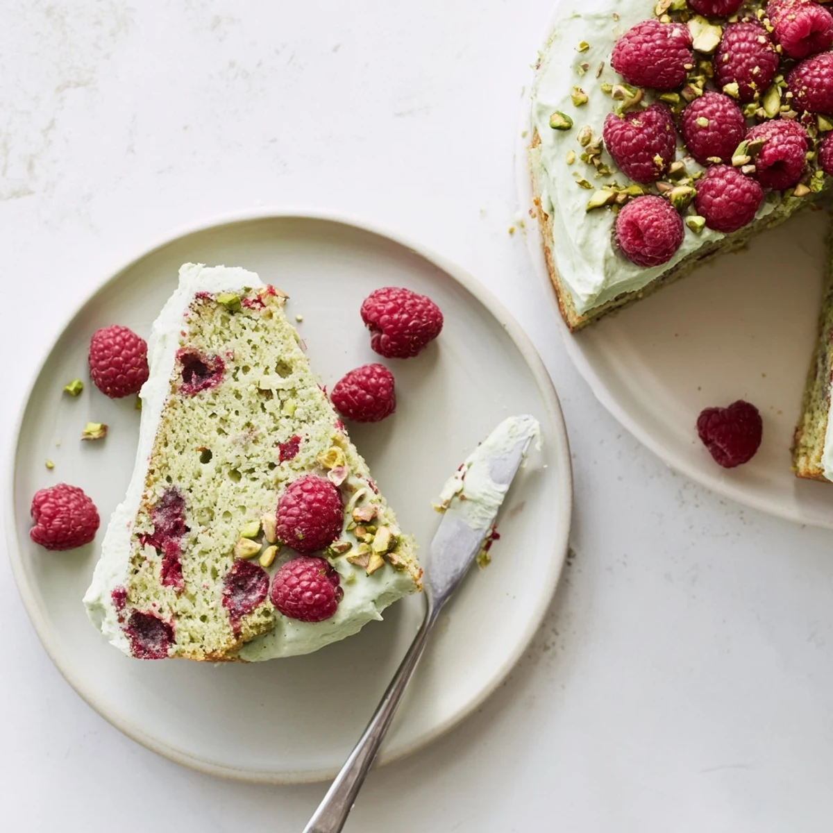 Slice of pistachio raspberry cake topped with creamy green frosting and fresh red berries