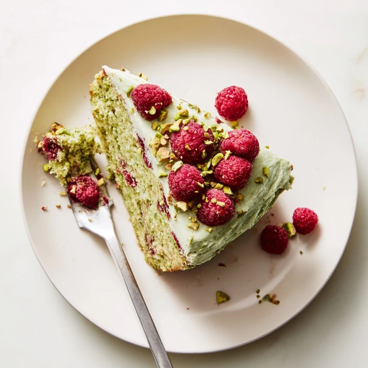 Homemade pistachio raspberry cake frosted with cream cheese and decorated with whole raspberries