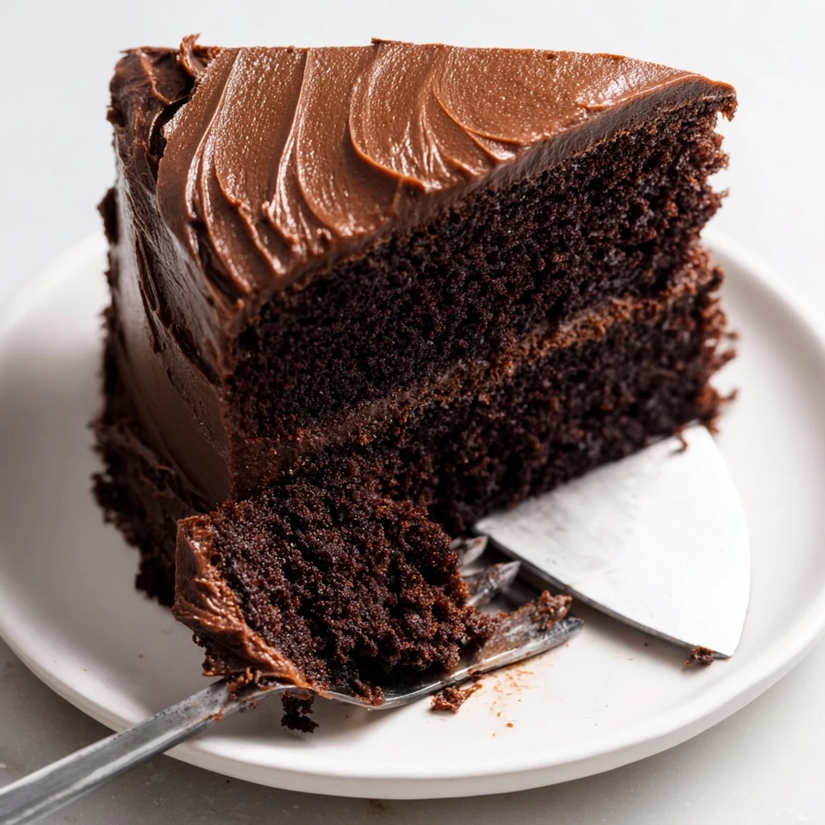 Decadent Matilda chocolate cake with rich frosting swirled generously across the top.
