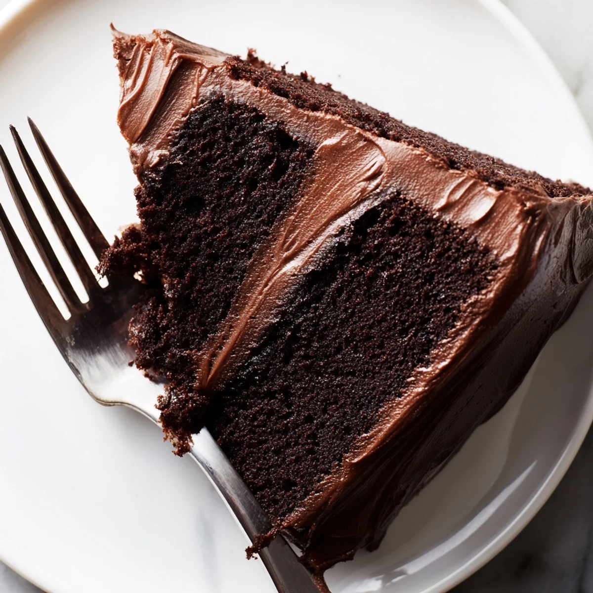 Slice of Matilda chocolate cake revealing tender crumbs beneath thick chocolate frosting.