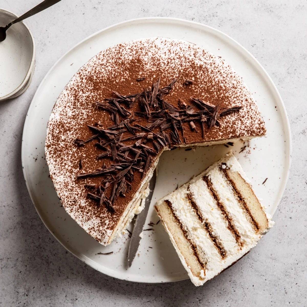 Slice of tiramisu cake revealing four coffee-soaked layers with creamy mascarpone filling and dark chocolate shavings