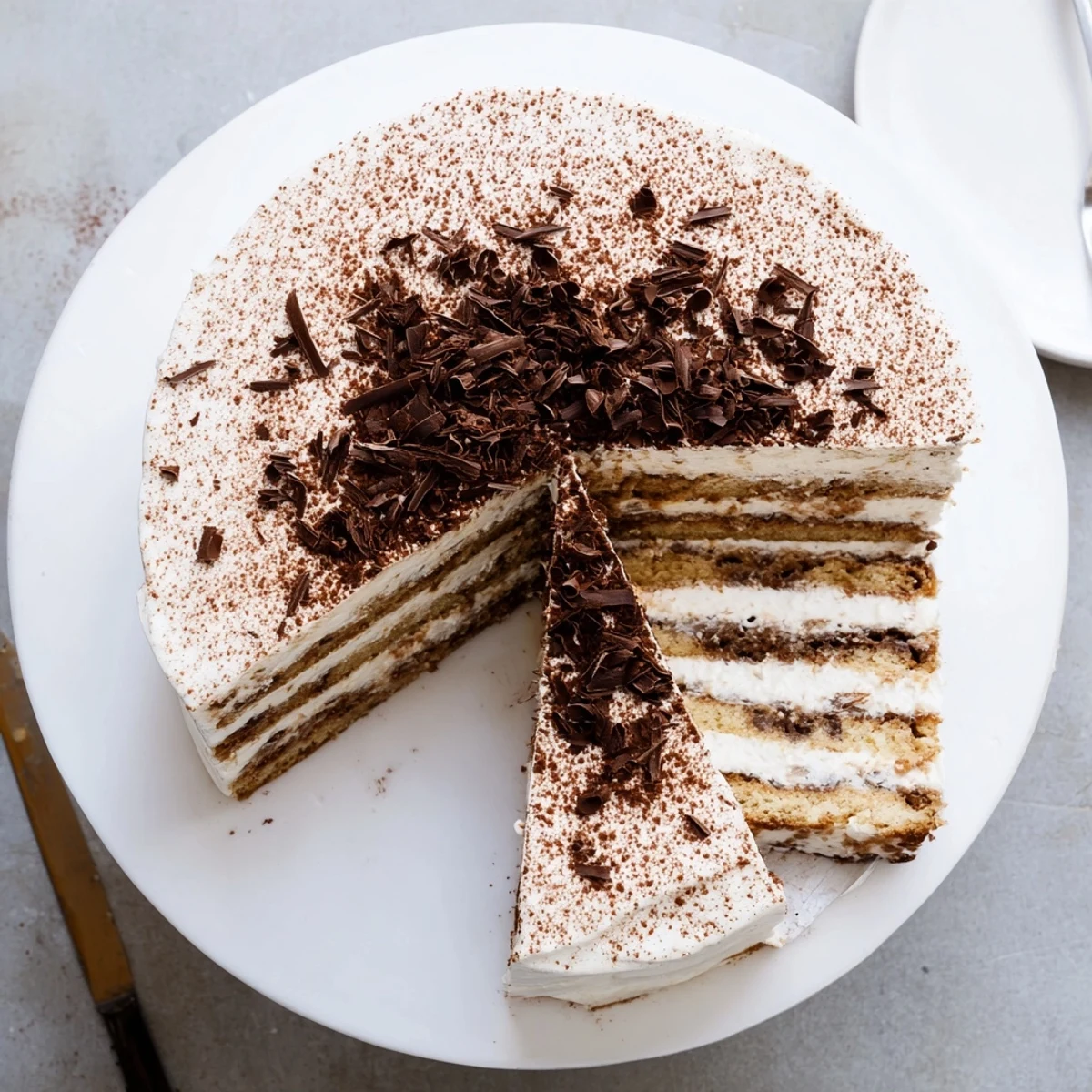 Square slice showing tiramisu cake cross-section with fluffy mascarpone cream and alternating coffee-infused cake layers