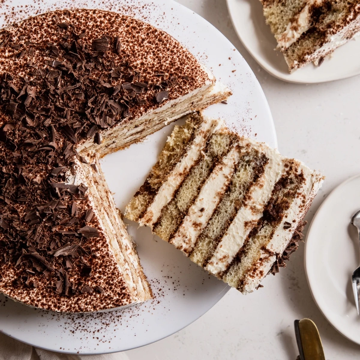 Decadent Italian tiramisu cake dusted with cocoa powder, featuring light sponge layers soaked in espresso syrup
