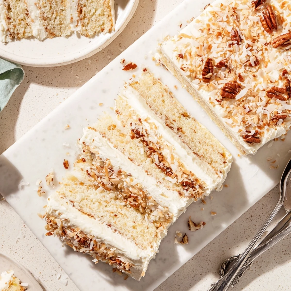 Moist Italian Cream Cake layered with shredded coconut pecans and smooth cream cheese frosting