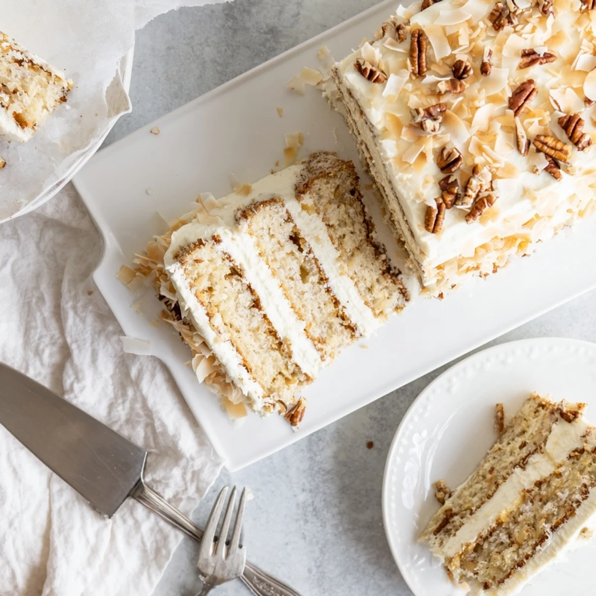 Delicious Quick Italian Cream Cake slice showcasing fluffy texture toasted nuts and sweet coconut topping