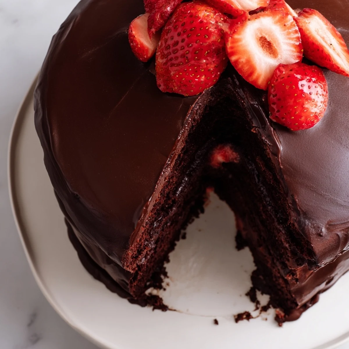 Decadent strawberry chocolate cake featuring rich chocolate ganache and fresh strawberry slices