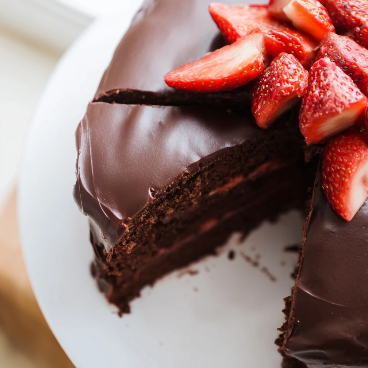 Slice of rich strawberry chocolate cake with glossy chocolate frosting and ripe strawberry garnish