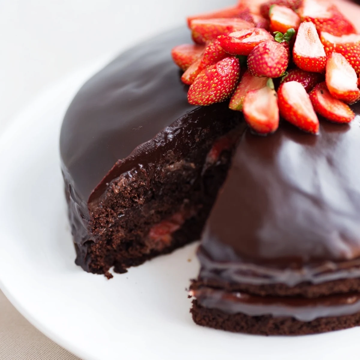 Moist chocolate cake layered with creamy ganache and topped with vibrant fresh strawberries